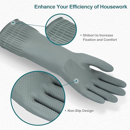 Mamison 2 Pairs Reusable Waterproof Household Dishwashing Cleaning Rubber Gloves, Non-Slip Kitchen Glove (Grey, Large (Pack of 2))