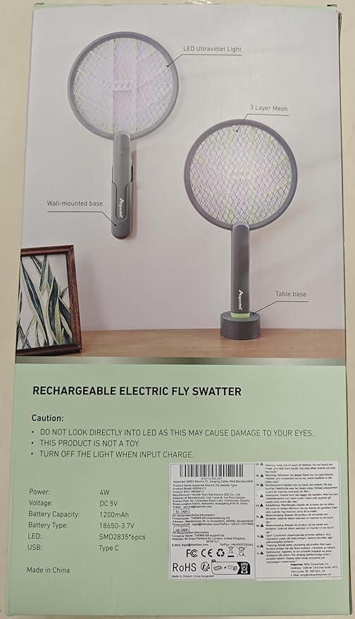 Aspectek 3000V Electric Fly Swatter for Indoor and Outdoor Use, Portable, Rechargeable Bug Zapper Racket with Improved Battery Life, USB Charging Cable, Wall Bracket, White -Green