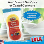 LOLA Jumbo 4" Plastic Mesh Scouring Pads, 2 Pack, Non-Scratch, Great for Pots, Dishwashing, Sinks, Appliances, Assorted Colors