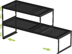 Jojocross Adjustable Stackable Metal Storage Shelf Organizer - Expandable Wire Rack with Perforations for Kitchen, Pantry, Bathroom, Cabinet & Office-Compact, Durable & Sturdy (2PACKS/Medium/Black)