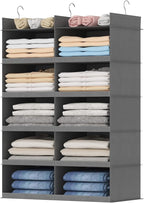 Lifewit Dual-Row Shelf Hanging Closet Organizer and Storage, Clothes Shelves with 3 Sturdy Hooks for Clothing Organization, Foldable Container Hold Up to 30 Sweaters, 5 Tier 10 Sections, Gray