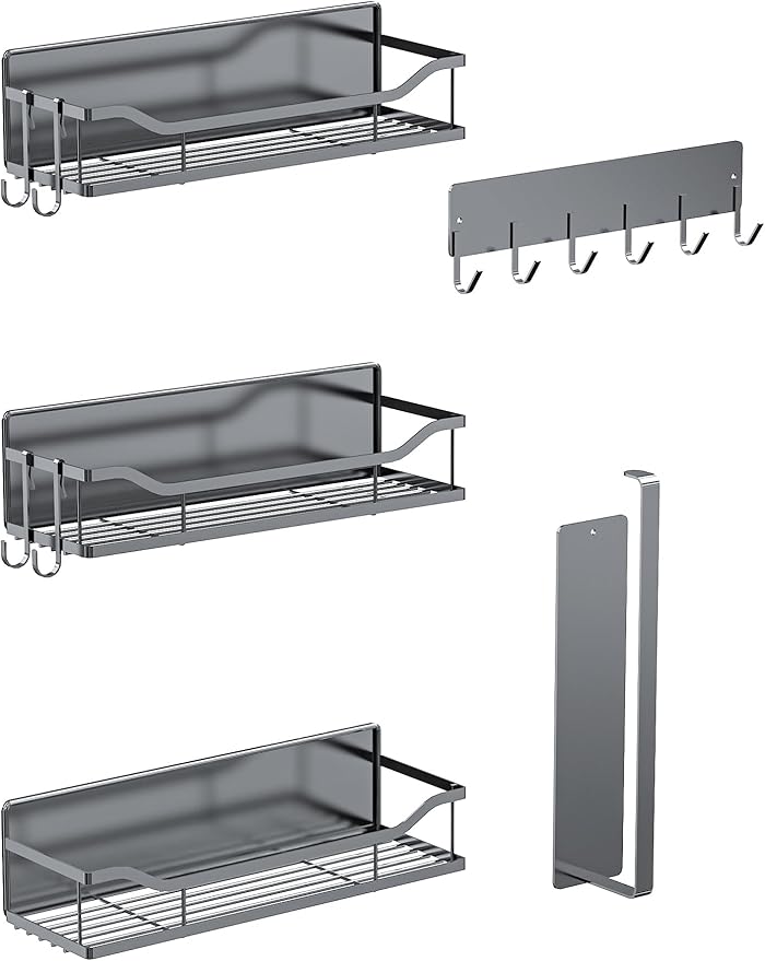 Multifunctional Magnetic Shelf for Washing Machine, Refrigerator, Microwave, and Any Metal Surface, Powerful Magnetic Shelves Include Magnetic Paper Towel Holder, Unique Hollow Design (5 pcs - Grey)