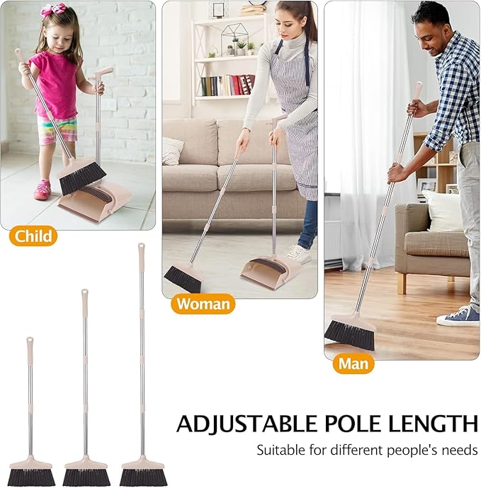 Broom and Dustpan Set with Long Handle, Light Weight Stainless Steel Poles Stand Upright Dustpans with Broom Combo for Home Kitchen Office Pet Dog Hair, Brown & Beige Color, 1-Pack