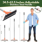 Thatch Rake for Lawns 18 Sharp Tempered Spring Steel Tines Dethatcher Rake Heavy Duty Dethatching Rakes with 62.5" Adjustable Stainless Steel Handle for Lawn Care，Dead Grass, Garden, Yard