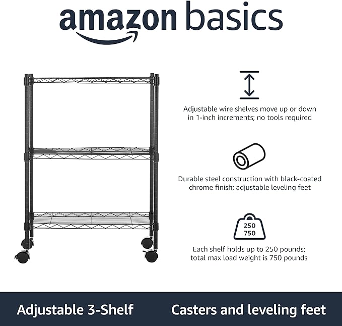 Amazon Basics 3-Shelf Adjustable Heavy Duty Storage Shelving Unit on 2" Wheels, Metal Wire Rack for Garage, Utility Shelving with Leveling Feet, 23.2"L x 13.4"W x 32.75"H, Black