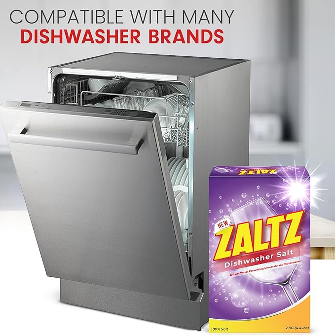 Zaltz Dishwasher Salt - Water Softener, Cleaner, Rinse Aid With Easy Pour Spout - Real Salt For Dishwashers, 4.4 lb Box
