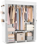 VTRIN Portable Closet Wardrobe for Hanging Clothes Closet with Cover, 3 Hanging rods, 6 Storage Shelves and Side Pocket, Diameter 19mm Metal Pipe, Sturdy Free Standing Closet for Bedroom, White