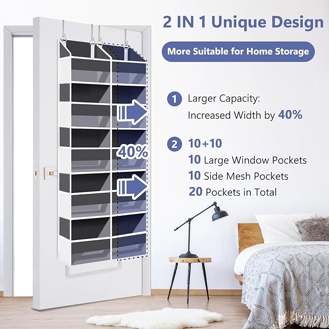 Heavy Duty Over The Door Organizer 5 Tiers, Extra Large Behind Door Storage of 10 Big Front & 10 Mesh Pockets, 80lb Weight Capacity, Hanging Doors Storage Organizer for Closet Bedroom Nursery, Grey