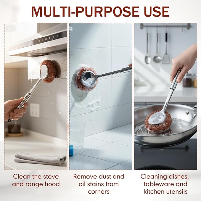 5 Pcs Copper Coated Scourers Copper Scrubbing Pads Scouring Pads 1 PC Steel Wool Scrubber Dish Brush Set with Handle Deep Cleaning Scrubber Silver for Kitchen Cleaning Dishes Pots Pans