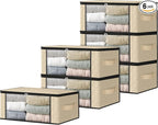 HomeHacks Storage 6-Pack Clothes Organizer Storage Bags Foldable Storage Box with Large Clear Window Sturdy Handles for Closet, Dorm, Pillows, Bedding, Clothes, Blankets, 35L, Beige