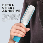 Flint Plus Retractable Lint Remover & Pet Hair Roller for Clothes – Refillable & Reusable Lint Roller with 70 Extra Sticky Tear-Off Sheets – Value Pack, Light Blue