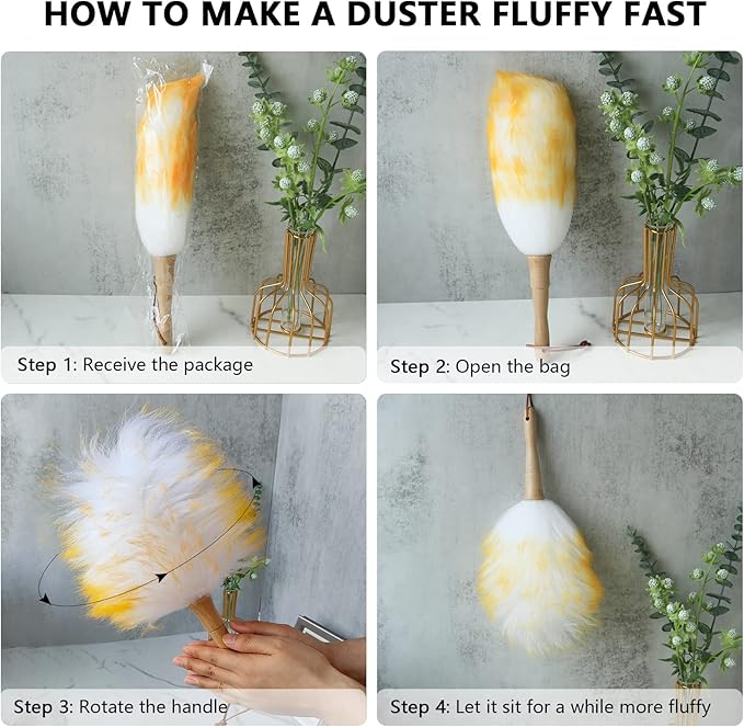 Lambs Wool Duster for Cleaning Window Blinds Computer Furniture TV Computer Screens Bookshelves Solid Wooden Handle Natural Feather Duster,26'', Brown