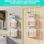 HapiRm Towel Rack Bathroom Storage - 3 Tier Over The Door & Wall Mounted Rolled Towel Racks Holder Organizer with Metal Shelf and 6 Hooks for Small Bathroom, Camper, Rv - Sliver