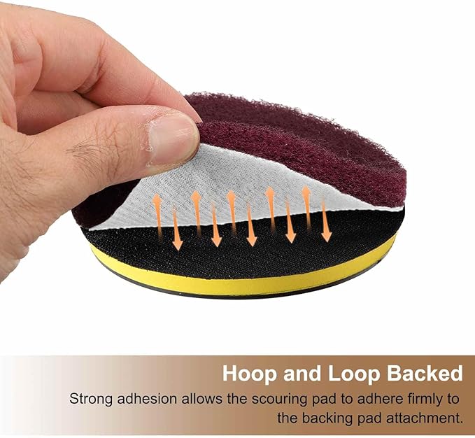 HARFINGTON 24pcs Scrubber Scouring Pads 400 Grits 5 Inch Drill Power Brush Hoop and Loop Surface Conditioning Disc Drill Scuffing Disc Scrub Pads for Home Kitchen Cleaning, Red