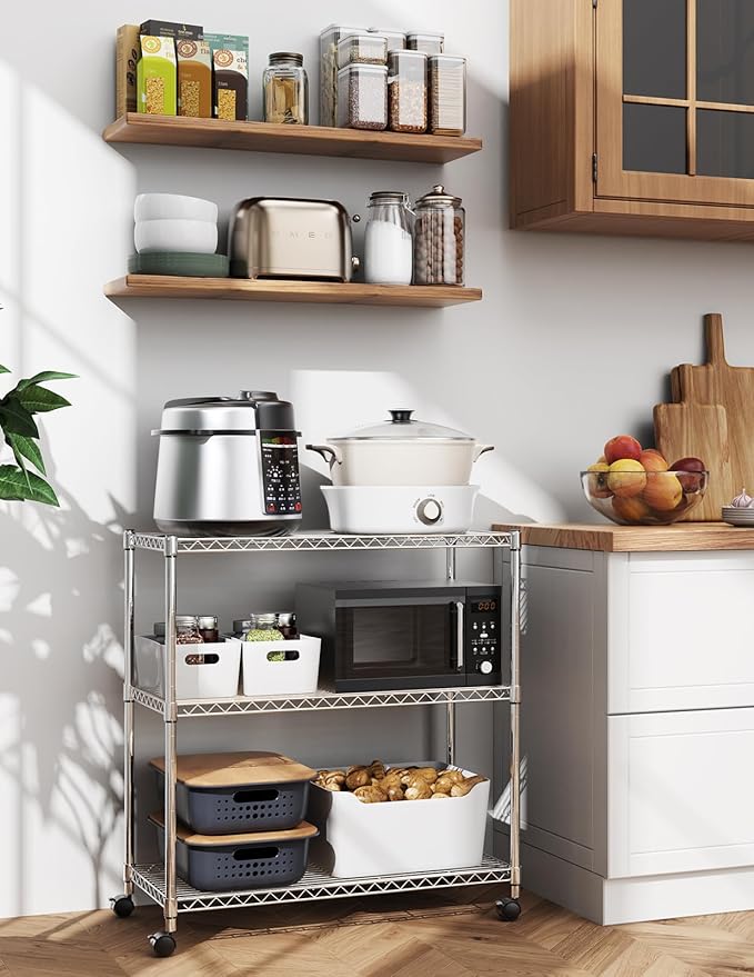 HealSmart 3-Tier Heavy Duty Storage Shelves 750Lb Capacity, 24.02" D x 13.78" W x 29.92" H Adjustable Shelving Unit with Wheels, Chrome