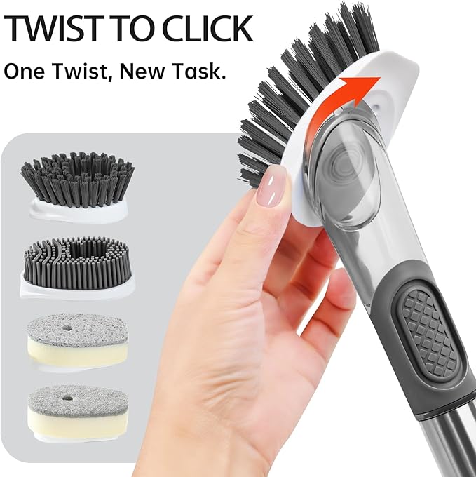 Soap Dispensing Scrub Dish Brush Head Replacements - 4 Kitchen Cleaning Brush Dish Wand Head, Scraper Heads for Stubborn Grime on Pots Pans, Stand/Hang Storage-Grey