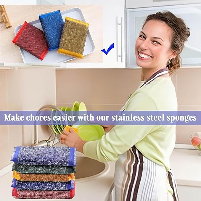 Steel Wool Scrub Sponges – Non-Scratch Microfiber Kitchen Scrubbers for Pots, Pans, and Household Cleaning – Heavy-Duty, Reusable Sponges (Blue)