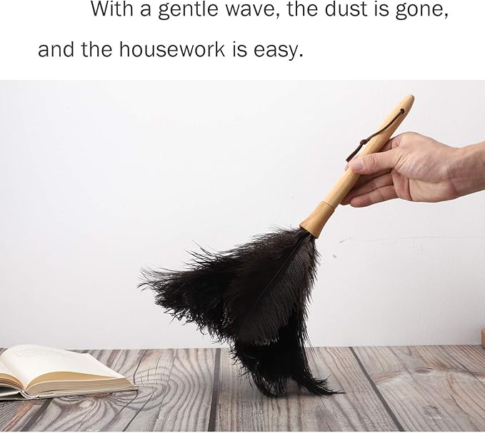 Feather Duster, Ostrich Feather Duster Ddzmz Fluffy Natural Genuine Ostrich Feathers and Reusable Wooden Long Handle Large Ostrich Feather Duster Cleaning for Housewife Black Length 16" 1Pack