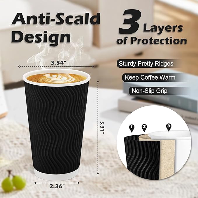 Lamosi Disposable Coffee Cups 16 OZ 90 Pack, Paper Coffee Cups 16 OZ for Hot Drinks or Cold Beverages, Insulated Corrugated Ripple Wall Cup No Lids for Office, Cafe, Home or Travel (Black)