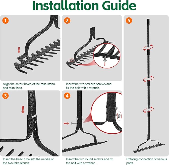 Garden Rake, 63" Adjustable Long Handle Lawn Leveling Bow Rake with 17 Tines, Garden Tool with Heavy Duty Metal for Looseing Soil, Weede Control