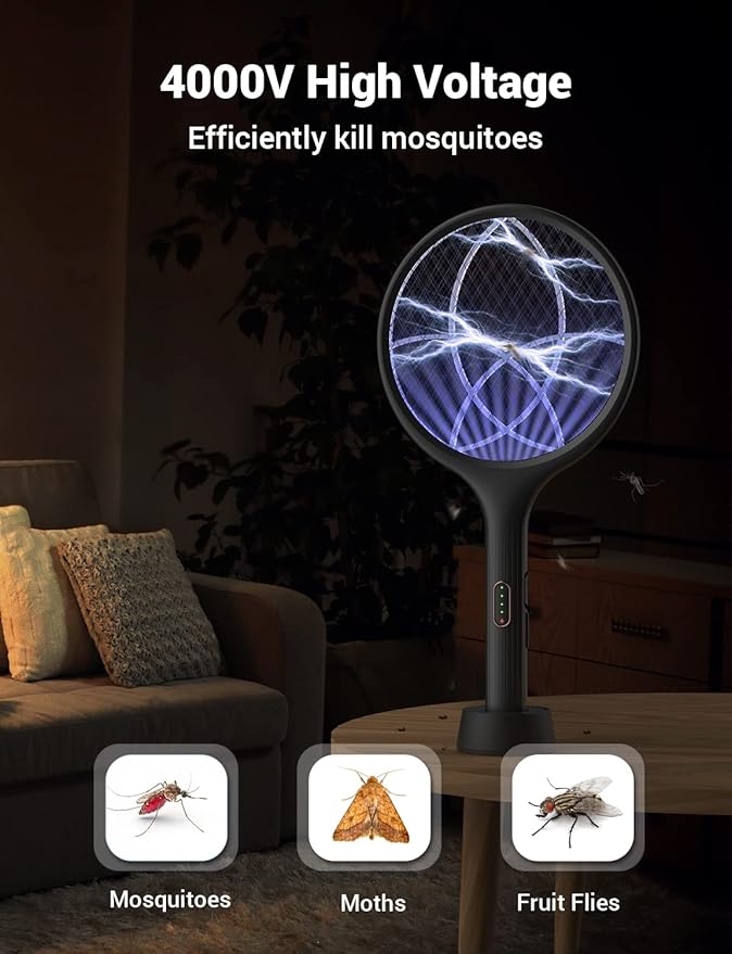 YISSVIC Electric Fly Swatter 4000V Bug Zapper Racket Dual Modes Mosquito Killer with Purple Mosquito Light Rechargeable for Indoor Home Office Backyard Patio Camping (Black-1 Pack)