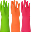 3 Pairs Rubber Cleaning Gloves Latex Free Dishwashing Gloves - 13" Reusable Nitrile Gloves Small, Green+Orange+Red
