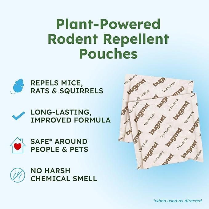 BugMD Vamoose Plus Peppermint Oil Mouse Repellent Pouches | Natural Mice Repellent Indoor & Rat Deterrent for House, Garage, RV, Car & Storage | Plant-Powered Rodent Control - 1 Pack - 4 Pouches