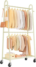 Sakugi Heavy Duty Clothes Rack, Metal Clothing Rack with Double Hanging Rods, 4 Hooks & Mesh Shelf, Freestanding Garment Rack with Triangular Design for Bedroom Closet, 36.5" x 16.9" x 72.8", Beige