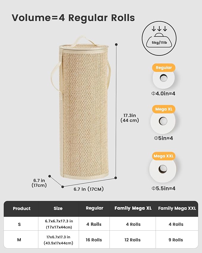 Bamboo Toilet Paper Storage Basket with Lid & Handle - 10L Handwoven Bathroom Organizer for 4 Rolls - Sturdy Stand Holder for Toilet Paper Organization, Light Natural