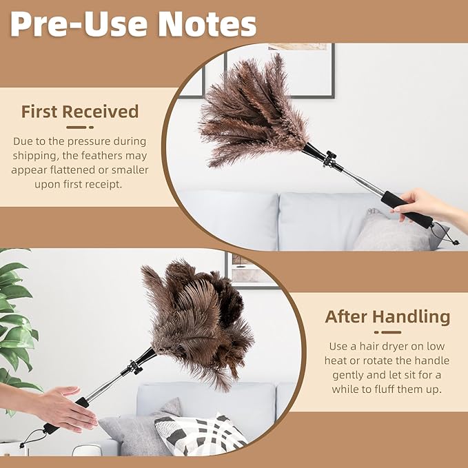 Extendable Ostrich Feather Duster with 19-49 inch Rotatable Stainless Steel Pole, Natural Feather Duster for Ceiling Fan Cobweb Dusting, Reusable Flexible Cleaning Duster(Include 2 Replacement Heads)