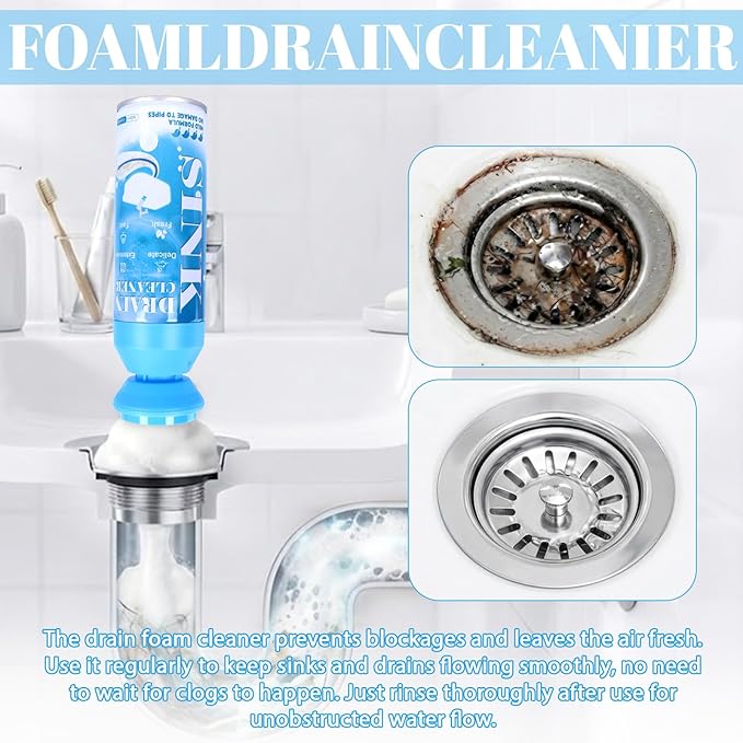 Foaming Drain Cleaner - Sink Cleaner and Deodorizer for Kitchen Sinks, Shower Drains, and Tubs, Monthly Maintenance to Avoid Clogs. (2pcs, sea blue)