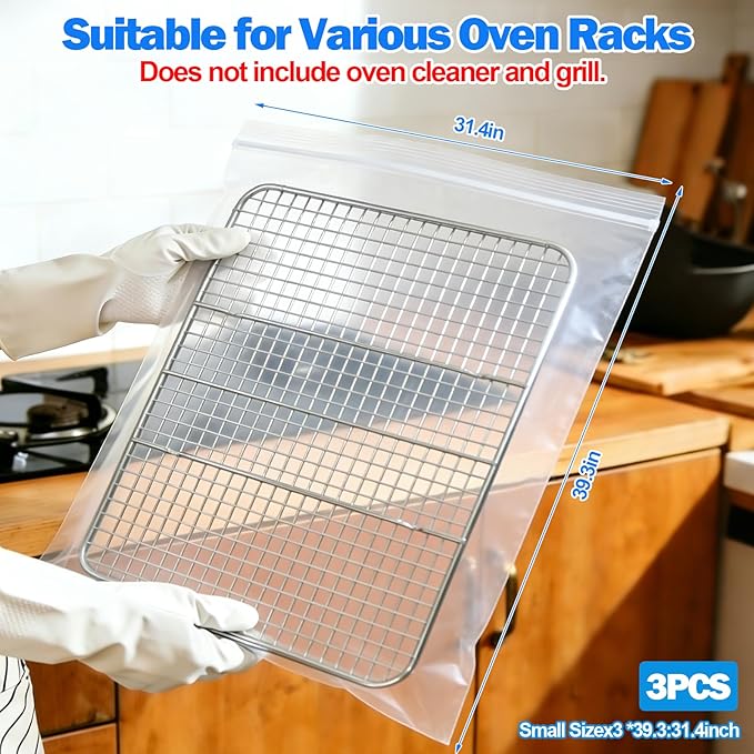 Palksky Oven Rack Cleaning Bags, 31.4''*39.3'' Heavy Duty No Scrub Oven Rack Cleaning Bags, Reusable Leak-Resistant PE Bags for Deep Soaking Grill Grates, BBQ Racks, No Cleaner Included, 3 Packs
