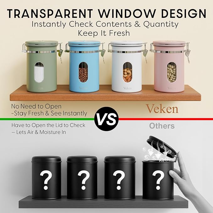 Veken Coffee Canister with Window, Airtight Stainless Steel Kitchen Food Storage Container with Lids, Date Tracker and Scoop for Grounds Coffee, Beans, Tea, Flour, Cereal, Sugar Jars, 22OZ, White