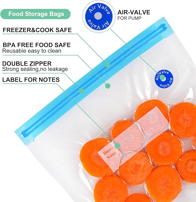 Sous Vide Bags 31 Pcs (24 Pcs Vacuum Zipper Bags & 2 Seal Clips & 5 Air Valves), Reusable BPA Free Vacuum Sealer Bags (13 * 10 in) Vacuum Food Storage Bags for Cooking/Food Storage/Microwave Heating