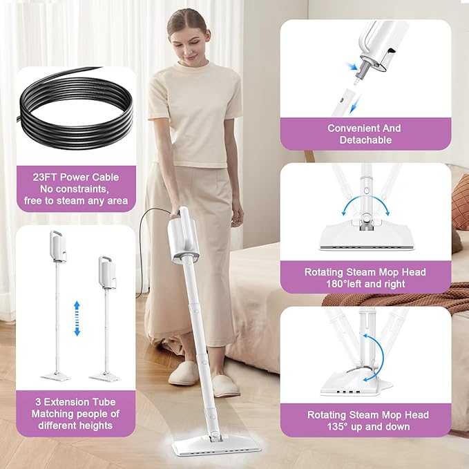 7-in-1 Steam Mop, 1200W Rotated Steam Cleaner for Home, 2 Modes, 400ML Removable Tank, 23FT Power Cable, 2 Washable Pads, Steamer for Hard Floor, Laminate Floor, Tiles Cleaning（Onion White）