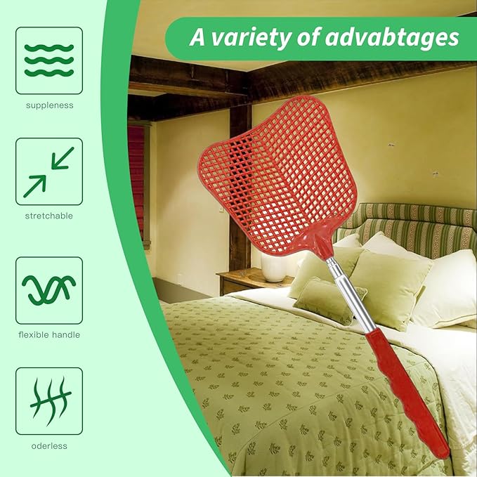 MYSTICHOME Fly Swatter 2 Pack, Durable Heavy Duty Plastic Fly Swatters, Stainless Steel Telescopic FlySwatter for Indoors/Outdoor/Kitchen/Garden (Black+Red)