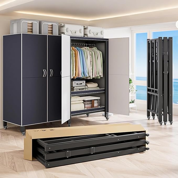 Heavy Duty Covered Clothes Rack with Magnetic Door Foldable Portable Wardrobe Closet for Hanging Clothing Rolling Black Metal Garment Rack on Wheels Closet System (Navy Blue, 58.9in)