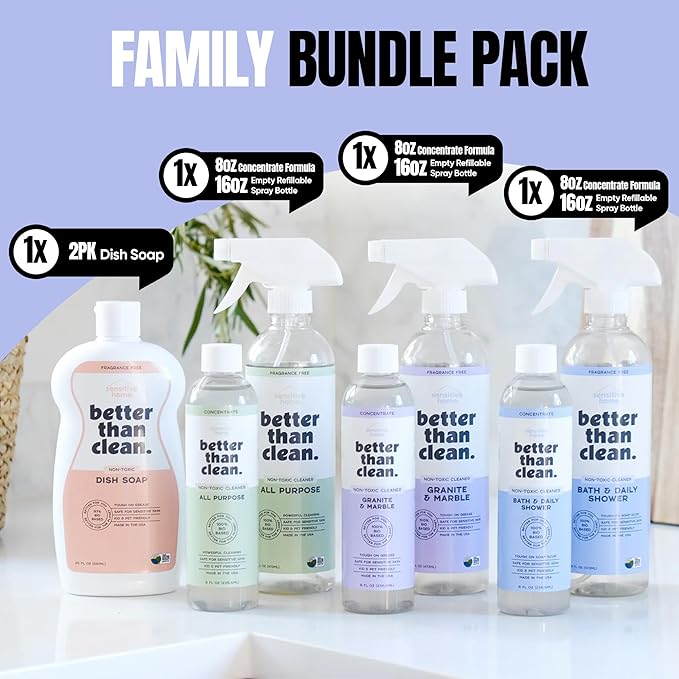 Family Bundle Pack - Plant-Based, Fragrance Free Cleaning Products - With Dish Soap, Granite & Marble, Bath and Shower, and All Purpose Cleaner - Includes 4 8oz Concentrates