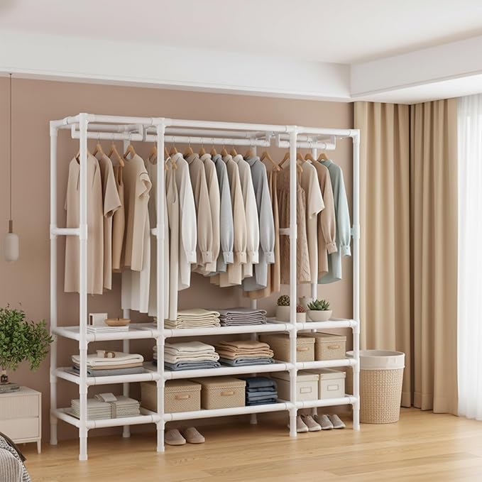 Portable Closet,Garment Rack,Heavy Duty Clothes Rack with Cover,Wardrobe Closet with 2 Hanging Rods, 6 Storage Shelves,43.3" L x 17.7" W x 67.7" H,Pale Yellow
