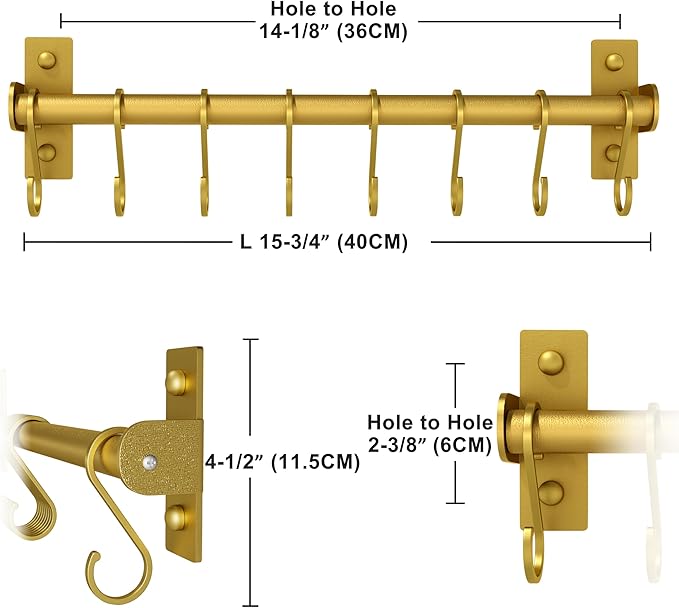 Dseap Kitchen Utensil Holder Hanger, Pot and Pan Rack Wall Mounted, Kitchen Rail with 8 Hooks for Hanging Cooking Utensils, Mugs, Spoons, Wall Mounted, Gold, Pack of 2