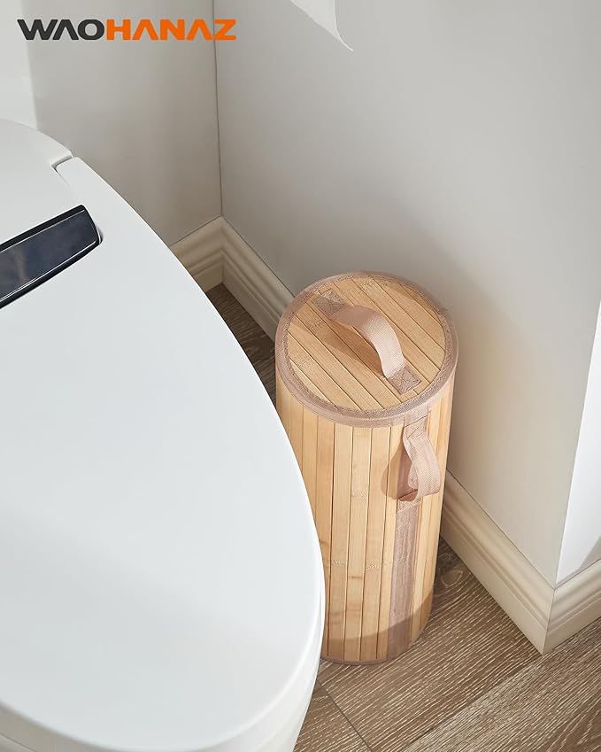 Bamboo Toilet Paper Storage Basket with Lid & Handle - 10L Handwoven Bathroom Organizer for 4 Rolls - Sturdy Stand Holder for Toilet Paper Organization, Natural