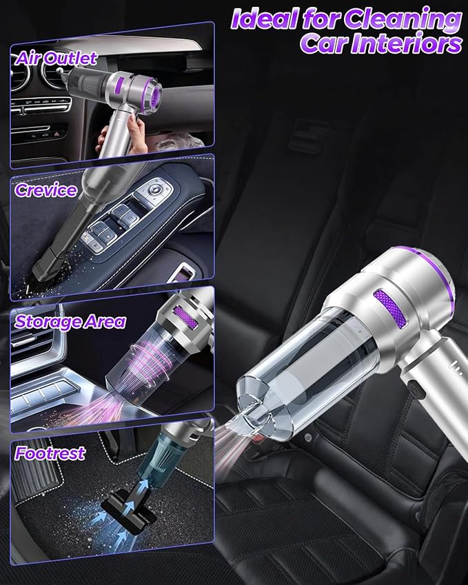 Car Vacuum Portable Cordless, 16000PA Handheld Vacuum Cleaner and Air Duster 4 in 1 with HEPA Filter Multi Nozzles Brushless Motor Type-C Charge for Home Office Desk Keyboards Pet Hair