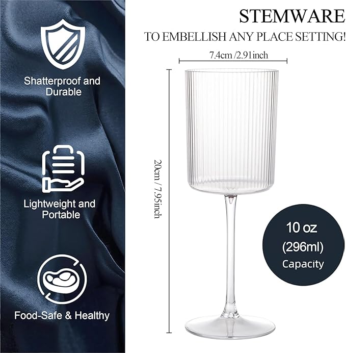 Ciaell 12 PCS Plastic Ribbed Wine Glasses - 10 OZ Plastic Square Wine Glasses with Stem - Disposable Champagne Cups for Parties & Weddings & Party