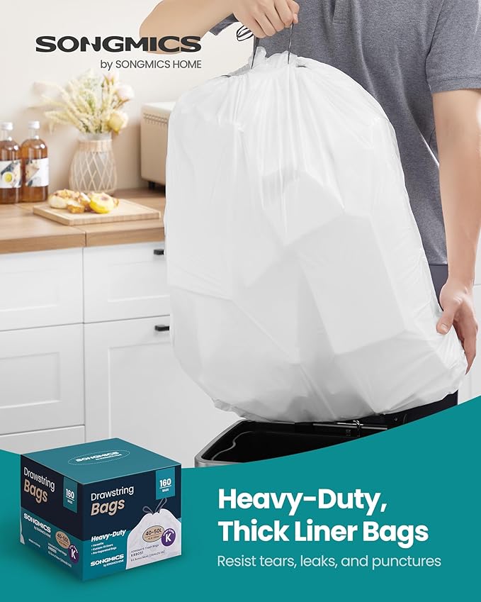 SONGMICS Trash Bags for 13-Gallon (50 L) Trash Cans, Drawstring Kitchen Garbage Bags, Pre-Separated, Quick-Dispense Box, Liner Code K, 4 Rolls, 160 Count, White UKRB051A04