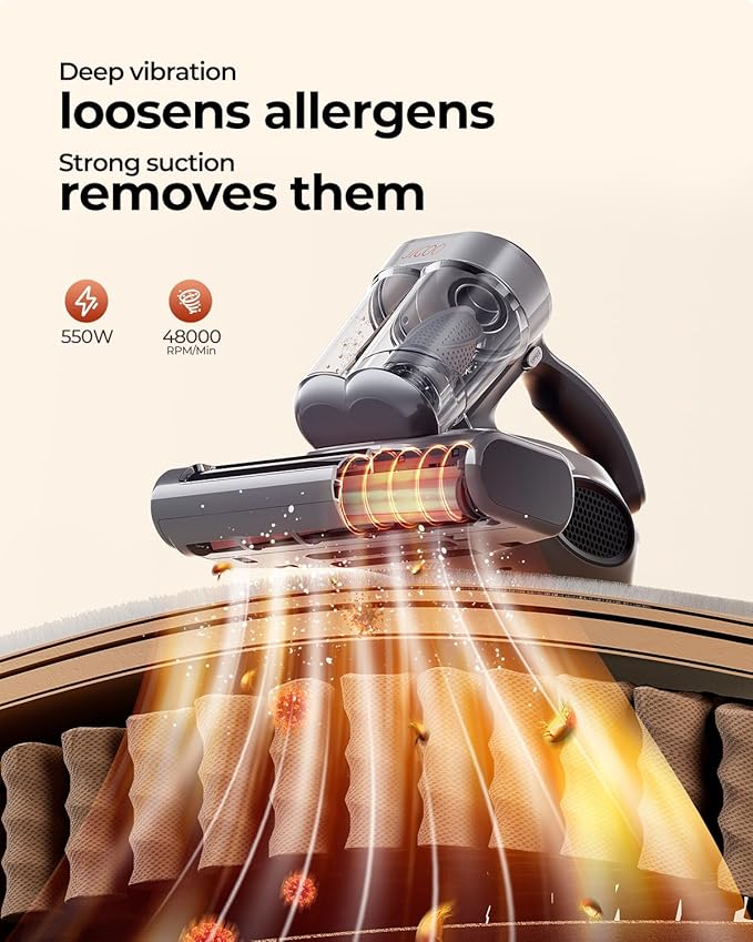 JIGOO J300 Pro Matture Vacuum Cleaner with 14Kpa 550W Powerful Suction, Infrared, UV & Heating Tech for Deep Cleaning, Anti-Allergen Bed Vacuum with Dust Sensor & Plant Fragrance for Bed, Sofa, Crib.