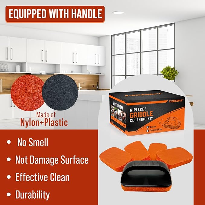 6-Piece Griddle Cleaning Kit for Blackstone, Flat Top Grill Cleaning Kit Non-Scratch Scouring Pads for Kitchen - 5 Scrubber Pads and 1 Handle