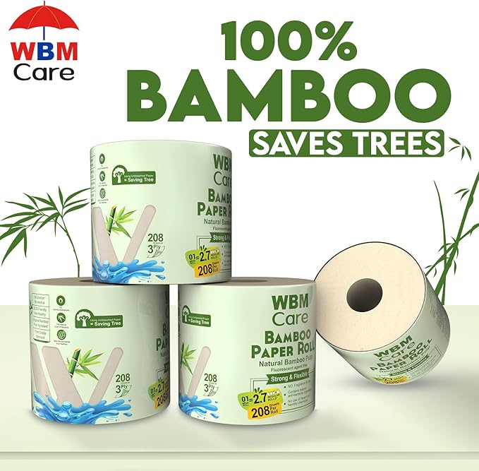 WBM Care Bamboo Paper Towels, Strong & Flexible 3-Ply, Designed for Sensitive Skin, Tree-Free, All-Natural & Healthy Bath Toilet Tissues, 200 Sheets, 20 Rolls