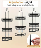Adjustable Shower Caddy Hanging, Extended Length Organizer Over Shower Head, 3 Tier Long Neck Shower Rack with Soap Holder for Large Storage, Black