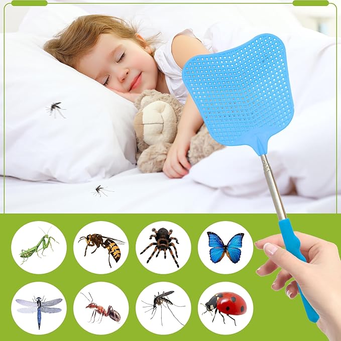 3 Pack Fly Swatters Set - Plastic Fly Swatters Heavy Duty - Fly Swatters with Stainless Steel Handle for Indoor and Outdoor - Blue + Green + Black