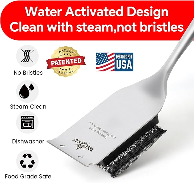 XUDKAKAIXIN Grill Brush Bristle Free,with 1 Replacement Head,Unique Steel Fibers Pad [Safe & Efficient] Perfect for Cast Iron/Stainless-Steel Grates-,Grill Cleaner for Outdoor Gril,Gifts for Men/Dad